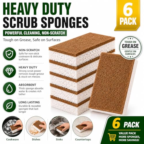Heavy Duty Non-Scratch Kitchen Sponges - 6 Pack for Tough Cleaning