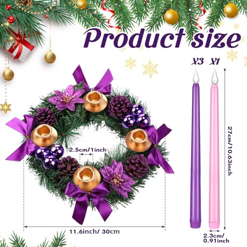 Christmas Advent Wreath Candle Holder Set with 8 LED Candles | Purple & Pink