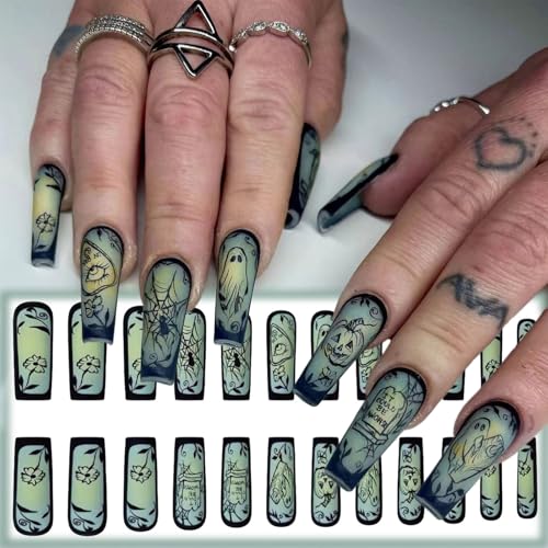 Halloween Press On Nails Long Square Matte Black Fake Nails Set