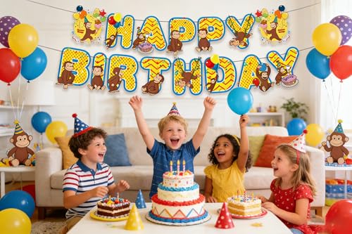 Curious Monkey Birthday Banner, 15-Piece Cartoon Party Decoration Set