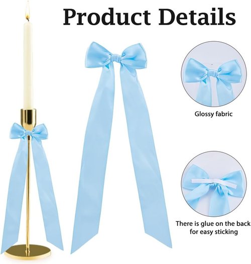 DICOSMETIC 12Pcs Bow Candlestick Decor - Sky Blue Polyester Bowknots for Christmas & Weddings