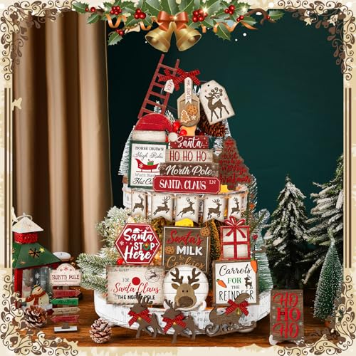 Christmas Tiered Tray Decor Set - Red Elk Themed, 23 Pieces