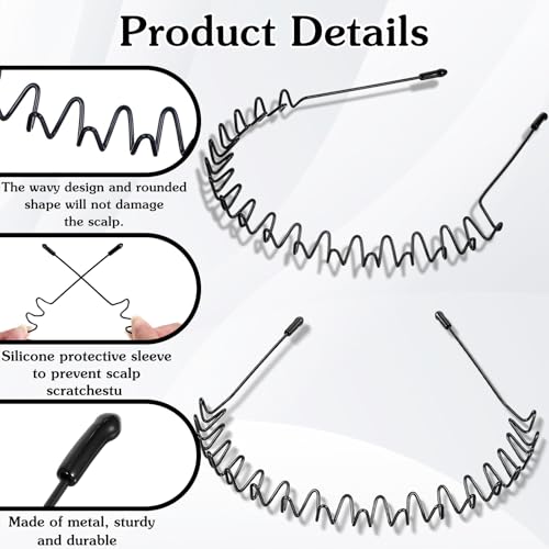 4-Pack Metal Headband for Men Women, Non-Slip Wavy Hair Band Black
