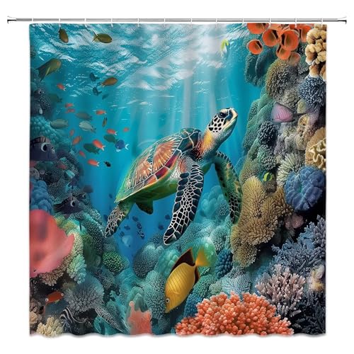 Ocean Underwater World Shower Curtain - Colorful Tropical Fishes & Turtle, 70"x70"