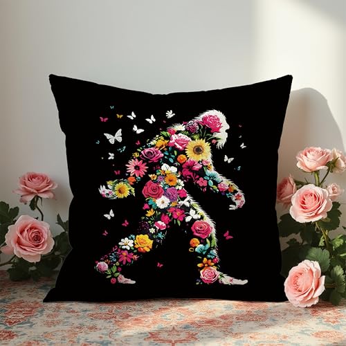 Bigfoot Pillow Cover 18x18 - Boho Floral Sasquatch Decor