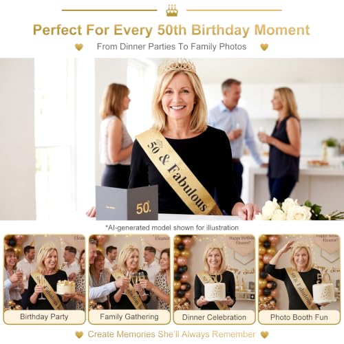 Gold 50th Birthday Decorations Set for Women | Tiara & Sash with Gift Box - SURIOO