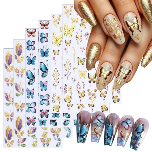 Butterfly Nail Art Stickers 3D Self-Adhesive Gold Blue Decals (6 Sheets)