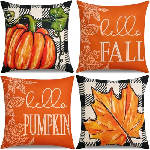 Hongsome Fall Decor Pumpkin Linen Throw Pillow Covers Set of 4 18x18in