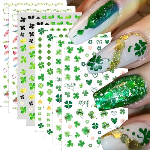 St. Patrick's Day 3D Self-Adhesive Nail Stickers - 8 Sheets Shamrock Decals