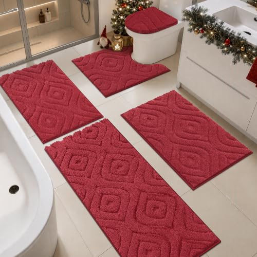 Christmas Bathroom Rugs Set 5 Piece with Non Slip Microfiber Mats - Red, 18x26, 20x32, 20x48, U-Shaped & Cover