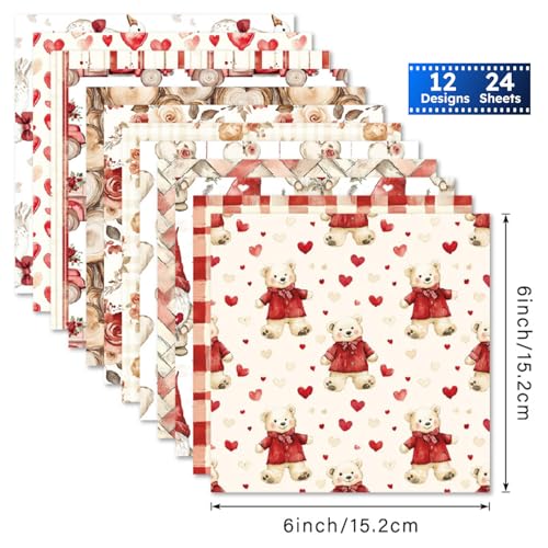 Valentine Scrapbook Paper 6x6 Inch 24 Sheets Patterned Cardstock Kit