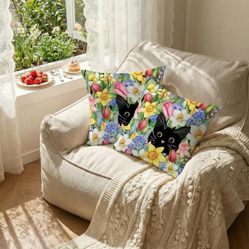 Spring Cat Floral Throw Pillow Covers, 18x18 Inch, Set of 2 Farmhouse Decor