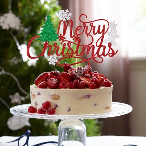 Merry Christmas Cake Topper Red Glitter Holiday Party Decoration