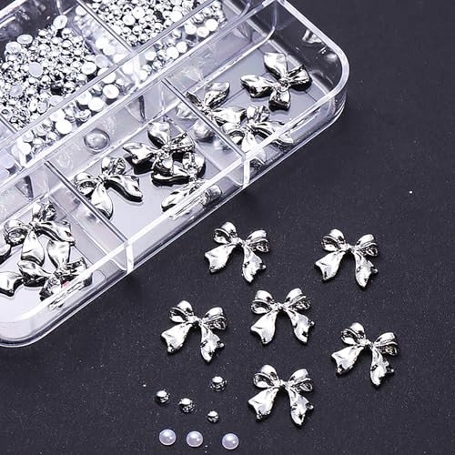 LYLYNB 3D Metal Bow Nail Charms with Pearls and Rhinestones - 6 Grid Box