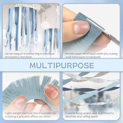 Nicrolandee Dusty Blue & Silver Crepe Paper Streamers - 5 Rolls for Bridal Shower & Party Decorations