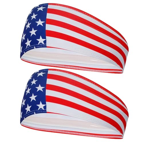2 Pack American Flag Headband, Non-Slip Stretchy Sports Sweatbands for Men & Women, USA Flag Hairbands for Running, Basketball, Yoga, Workout, Exercise