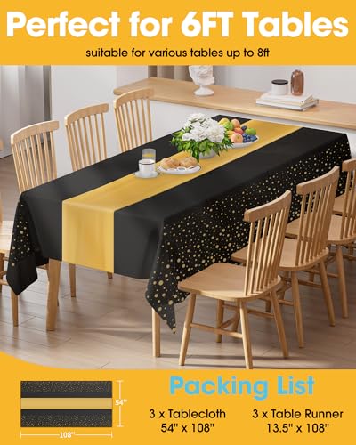 Niuara Black and Gold Tablecloth and Runner Set - 3+3 Pack for 6ft Tables