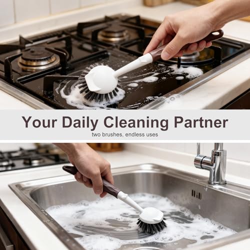 Dish Brush Set - 2 Pack with Ergonomic Handle & Built-In Scraper