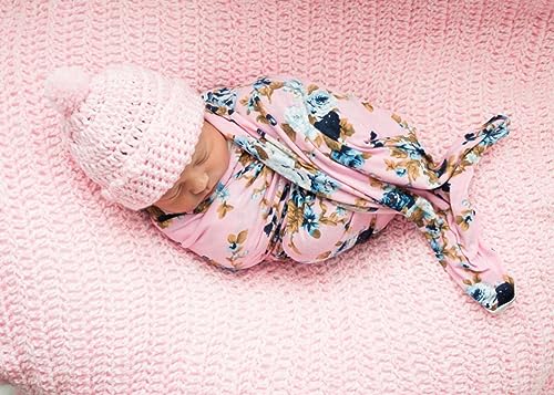 DRESHOW Newborn Floral Swaddle Blanket and Bow Hat Set - Classic Pink