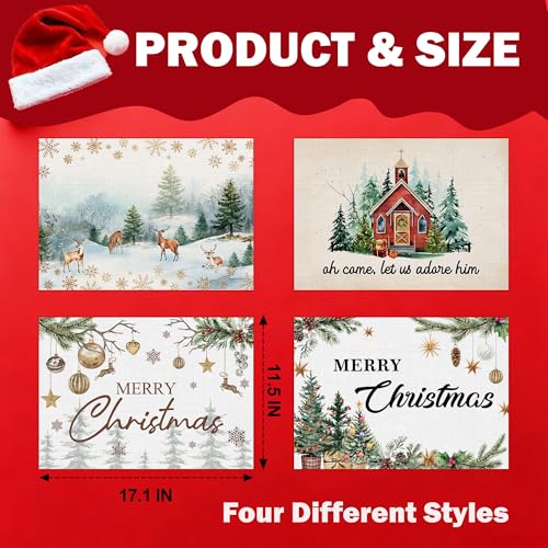 Christmas Placemats Set of 4 - Farmhouse Jesus Elk Bell Holiday Table Decor - Bible Variation