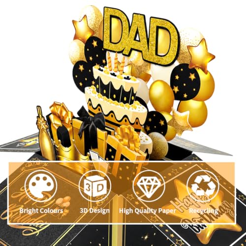3D Pop Up Birthday Card for Dad - Black Gold Design with Envelope