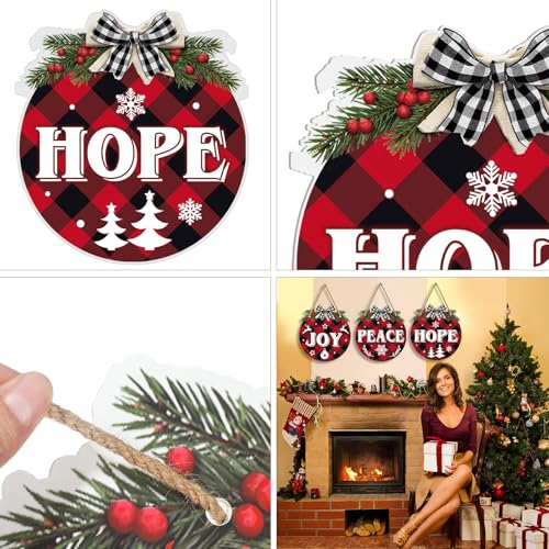 Christmas Hanging Sign Decorations Set - Red & Black Plaid Wreaths Door Sign, 6 Pieces