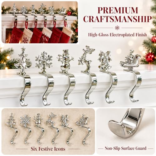 6 Pack Christmas Stocking Holders for Mantle - Iron Metal Hooks with Anti-Slip Pads