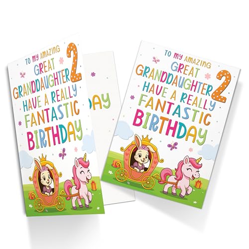 Great-Granddaughter 2nd Birthday Card, Princess & Unicorn A5 Greeting Card