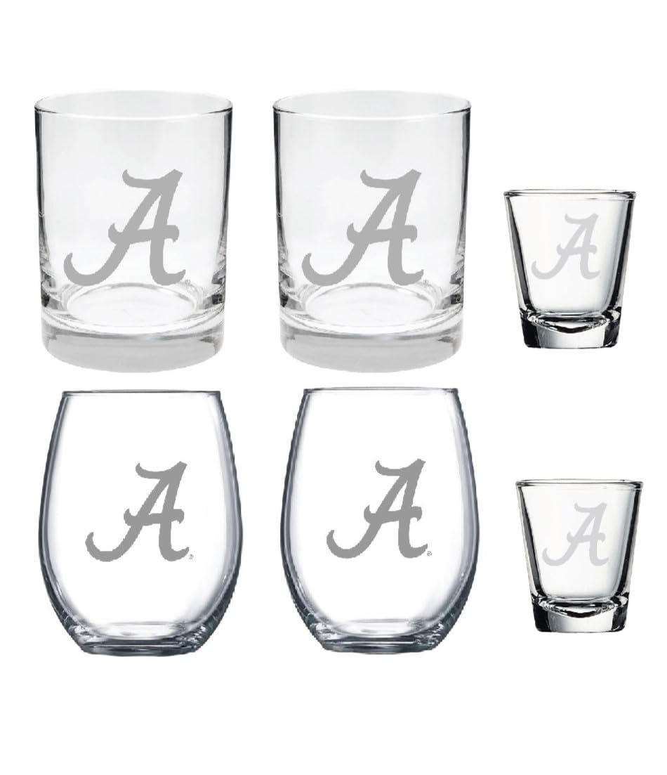 RFSJ INC. Alabama Crimson Tide 6 Piece Satin Etched Glass Combo Set – Includes 2 Wine Glasses, 2 Rocks/Whiskey Glasses, and 2 Shot Glasses