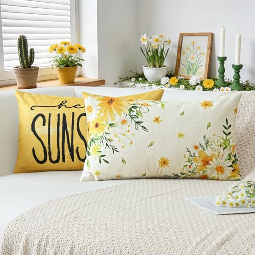 Daisy Flower Throw Pillow Covers Set of 4, 12x20 Inch - Summer Floral Decor