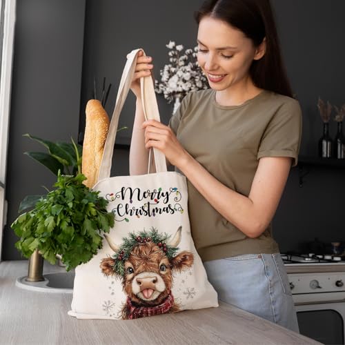 Christmas Highland Cow Reusable Holiday Gift Bags Party Favors - Xmas Tote