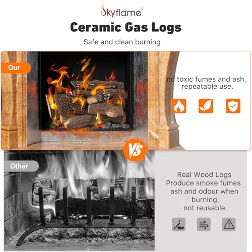 Skyflame 9-Piece Ceramic Wood Logs Set with Pine for Gas Fireplace - Realistic Fire Feature