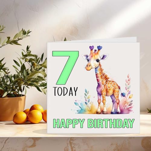 7th Birthday Card Kids Watercolour Giraffe 145x145mm