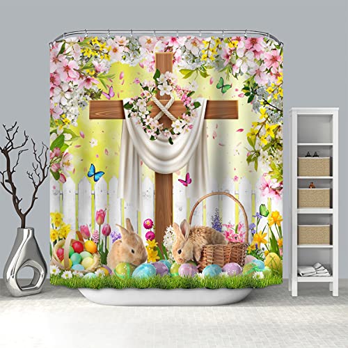 Mocsicka Easter Shower Curtain - He Is Risen Cross Floral Bunny Bathroom Decor 72x72 Inch with Hooks