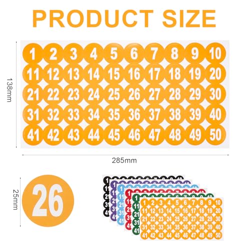 Fadayunn Colorful Number Stickers 1-50 Round Self-Adhesive Labels 12 Sheets