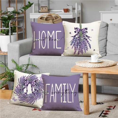Set of 4 Lavender Wreath Pillow Covers 18x18 - Spring Home Decor