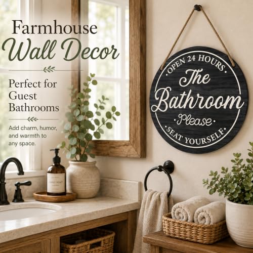 Rustic Round Wooden Bathroom Sign - Open 24 Hours, Black
