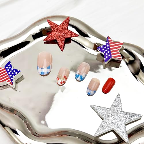 4th of July Press on Nails Medium Almond Blue French Tip Fake Nails