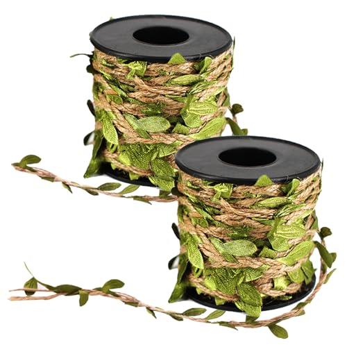 Natural Jute Twine Ribbon with Leaves - 2PCS 33ft for Crafts & Decor