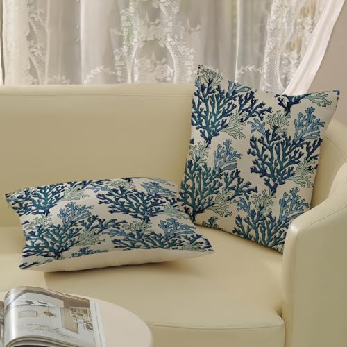 AGAYNA Navy Blue Coral Coastal Throw Pillow Covers 18x18 Set of 2