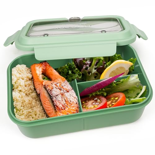 Fanhaw Green 40oz Bento Lunch Box with 3 Compartments, Microwave & Dishwasher Safe
