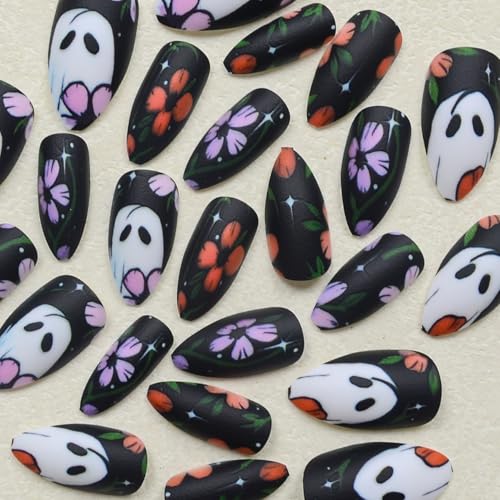 Halloween Press on Nails Short Almond Ghost Fake Acrylic Nails