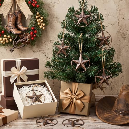 Western Metal Christmas Star Tree Ornaments – Rustic Cowboy Holiday Decor, Set of 6