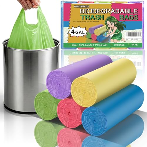 VINCEREON 4 Gallon Trash Bags with Handles, Colorful Small Garbage Liners, 100 Ct