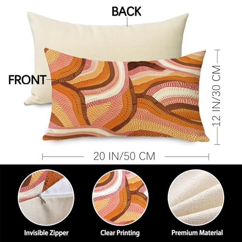 Boho Abstract Wave Lumbar Pillow Cover 12x20 - Orange Cotton Linen