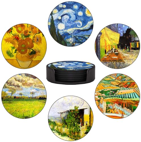 Van Gogh Style PU Leather Coaster Set of 6 with Holder - Handmade Art Drink Coasters for Home Decor & Gifts