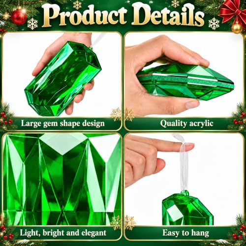 Jumbo Green Gem Ornament Set - 7 x 4 Inches, 2 Pieces, Holiday Decor