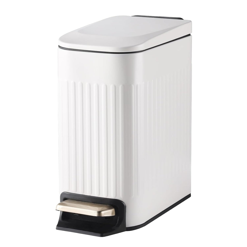 SYNCVIBE Slim Bathroom Trash Can - Soft Close Stainless Steel Step Bin with Removable Inner Bucket | Matt White, 1.8 Gallons
