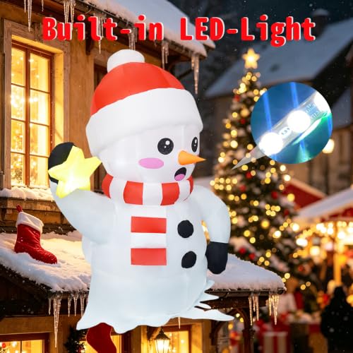 Roof Snowman Inflatable Christmas Decor 6 FT Outdoor Blow Up Snowman with Glowing Star
