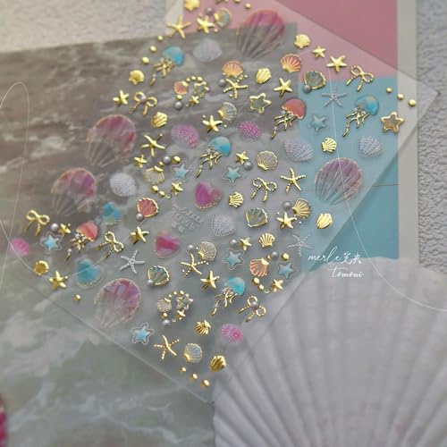 5D Embossed Ocean Nail Stickers - Pearl Seashell, Starfish & Jellyfish Decals